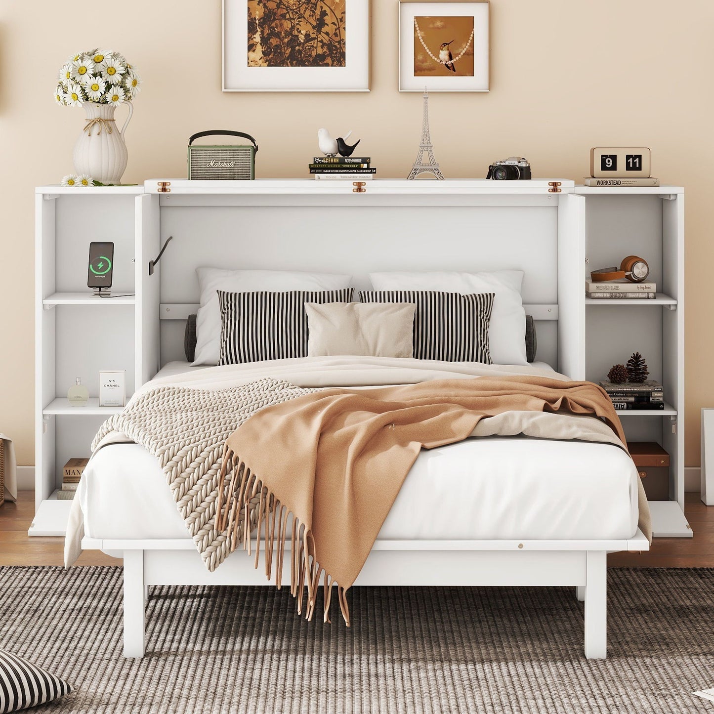 Full Size Murphy Bed With Shelves, Drawers And USB Ports - White