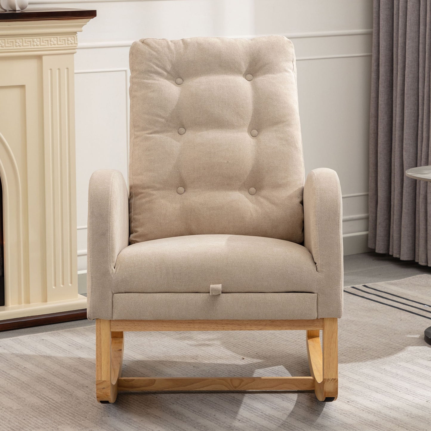 Accent Rocking Chair With Footrest High Back Rubber Wood Rocking Legs Bedroom Living Space - Beige
