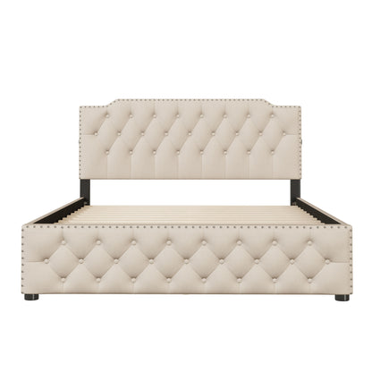 Queen Size Upholstered Platform Bed With 2 Drawers And 2 Sets Of USB Ports On Each Side - Beige