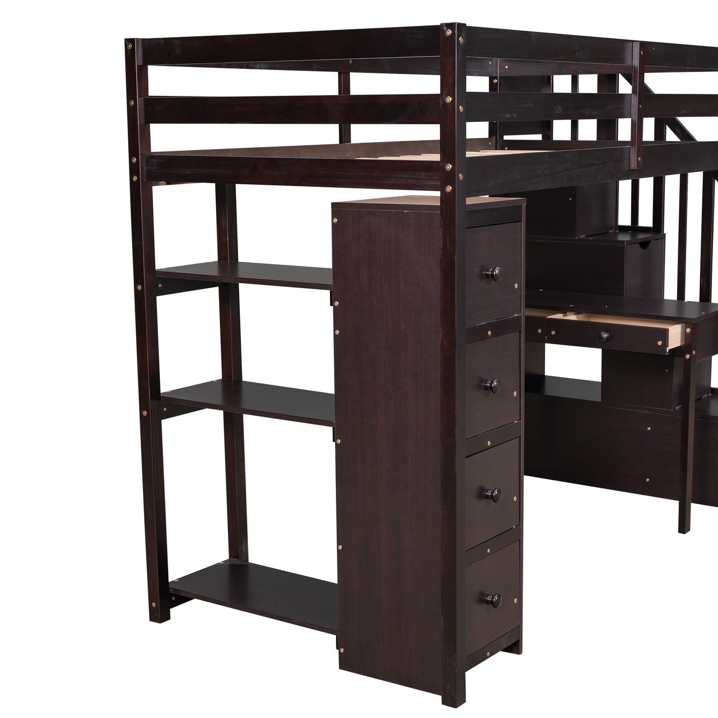 Twin Size Loft Bed With Storage Drawers, Desk And Stairs With Shelves - Espresso