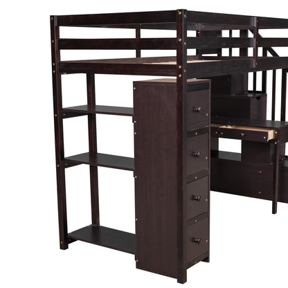 Twin Size Loft Bed With Storage Drawers, Desk And Stairs With Shelves - Espresso