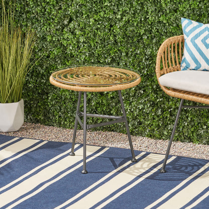 Petrichor - Outdoor Side Table With Tempered Glass And Steel Frame - Light Brown