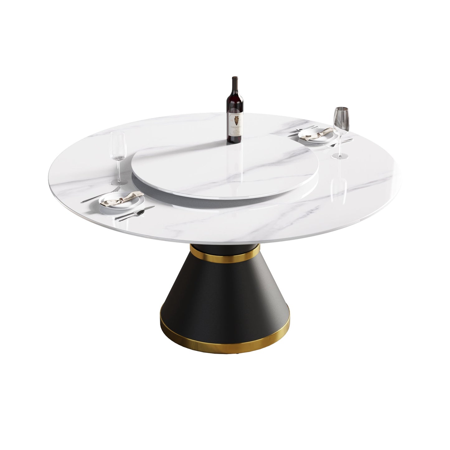 59.05" Modern Artificial Stone Round Carbon Steel Base Dining Table, White Artificial Stone Turntable - White / Black