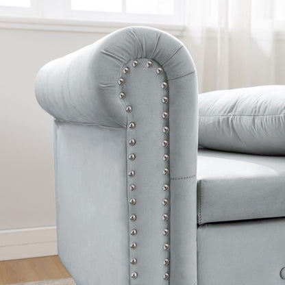 Chaise Lounge Indoor, Velvet Lounge Chair For Bedroom With Storage & Pillow, Modern Upholstered Rolled Arm Chase Lounge For Sleeping With Nailhead Trim For Living Room Bedroom Office - Gray