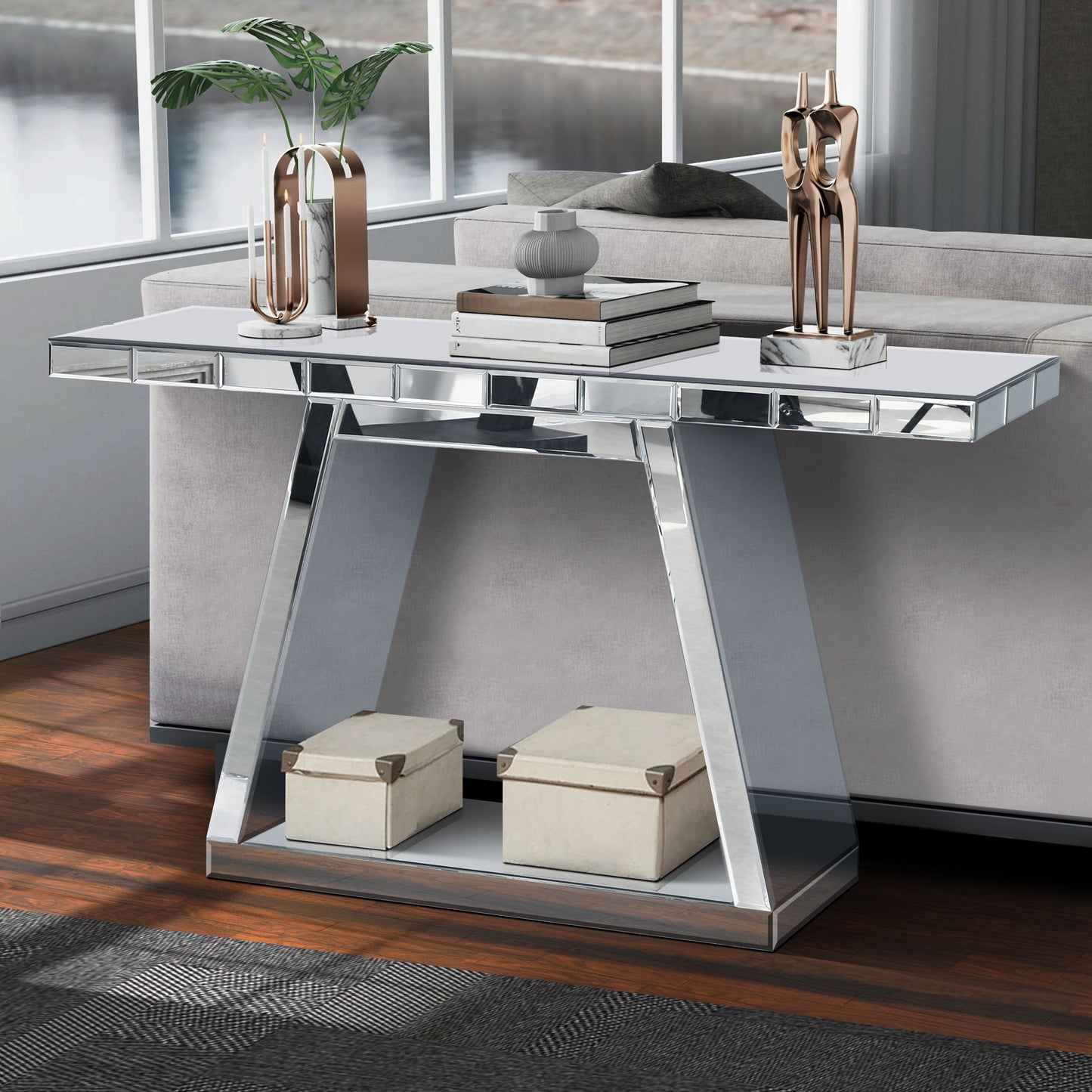 Modern Luxe Full Body Mirror Entryway Table With Trapezoid Base, 360ÔøΩÔøΩÔøΩÔøΩÔøΩÔøΩÔøΩÔøΩÔøΩÔøΩÔøΩÔøΩÔøΩÔøΩÔøΩÔøΩÔøΩÔøΩÔøΩÔøΩÔøΩÔøΩÔøΩÔøΩÔøΩÔøΩÔøΩÔøΩÔøΩÔøΩÔøΩÔøΩÔøΩ Reflective Console, Scratch Resistant, Open Storage - Silver