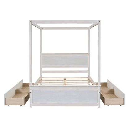 Full Size Canopy Platform Bed With 4 Drawers And Support Slats, No Box Spring Needed - Brushed White