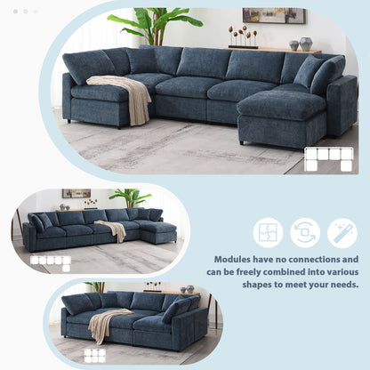 Modern Modular Cloud Sofa Bed, 6 Seat Chenille Sectional Couch Set With Ottoman, Free Combination, Convertible U Shaped Sleeper Sofa - Dark Blue