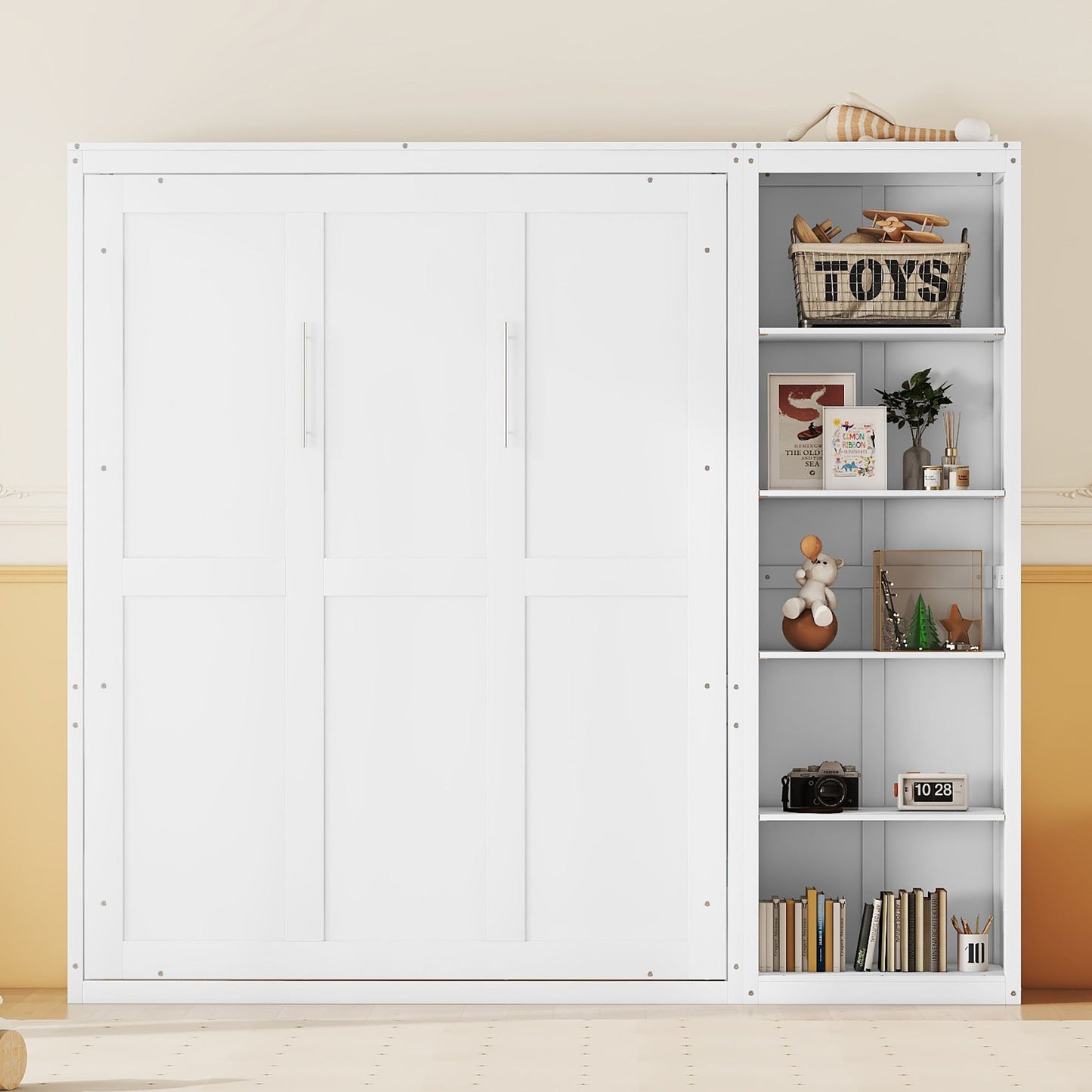 Full Size Murphy Wall Bed With Shelves - White