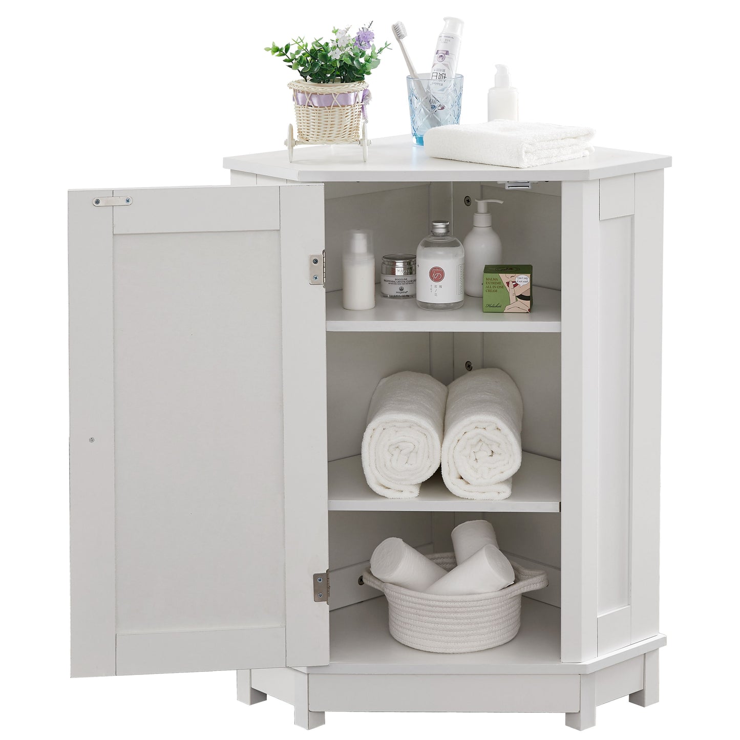 Bathroom Cabinet Triangle Corner Storage Cabinet With Adjustable Shelf Modern Style - White
