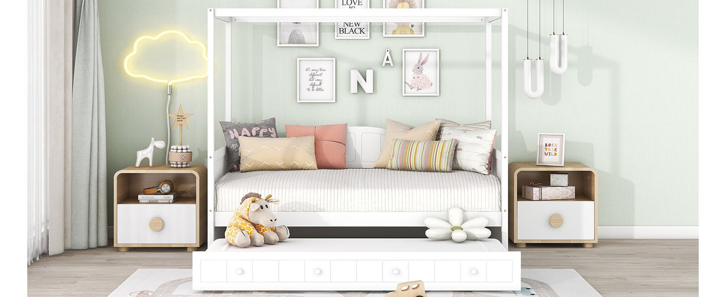 Twin Size Canopy Day Bed With Twin Size Trundle - White