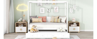 Twin Size Canopy Day Bed With Twin Size Trundle - White