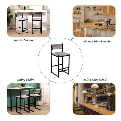 Hand Weave Bar Stools With Back Counter Height Bar Chairs (Set of 2), Paper Rope Woven Dining Stool For Kitchen, Home & Office - Gray