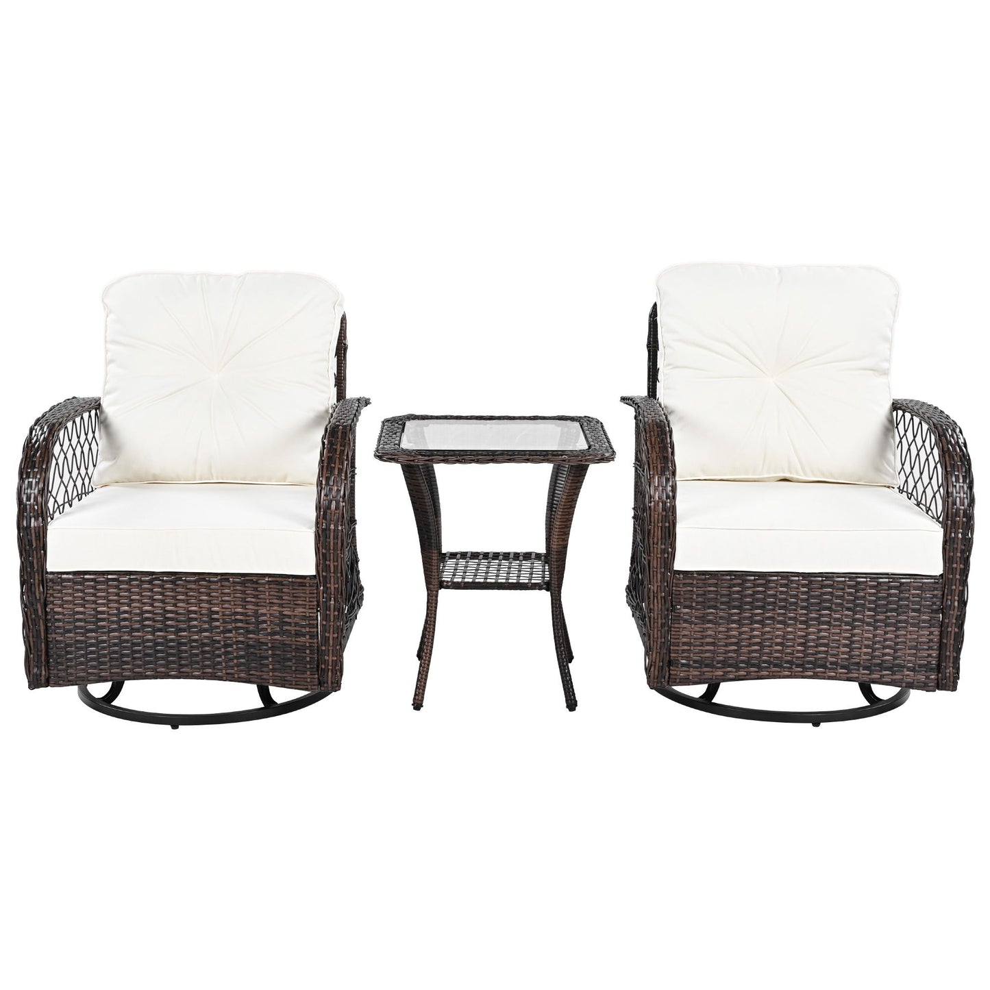 3 Piece Outdoor Chair & Table Set Chat Set 2 Person Rattan Seating Group With 2 Swiveling And Rocking Chairs And A Square Table For Garden, Patio, Or Balcony - Brown