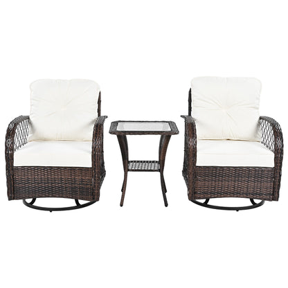 3 Piece Outdoor Chair & Table Set Chat Set 2 Person Rattan Seating Group With 2 Swiveling And Rocking Chairs And A Square Table For Garden, Patio, Or Balcony - Brown