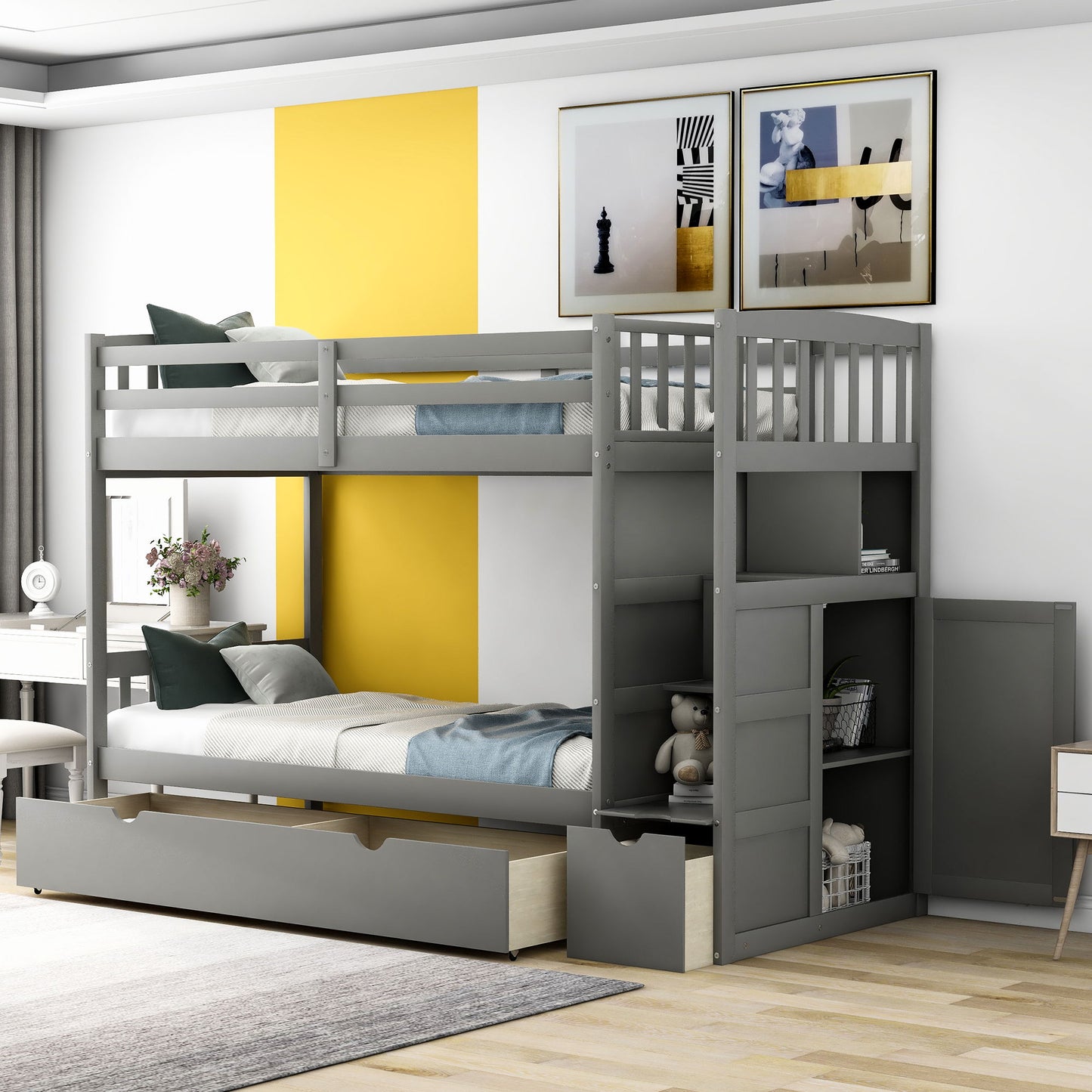 Twin Over Full / Twin Bunk Bed, Convertible Bottom Bed, Storage Shelves And Drawers - Gray