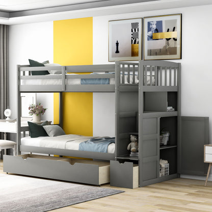 Twin Over Full / Twin Bunk Bed, Convertible Bottom Bed, Storage Shelves And Drawers - Gray