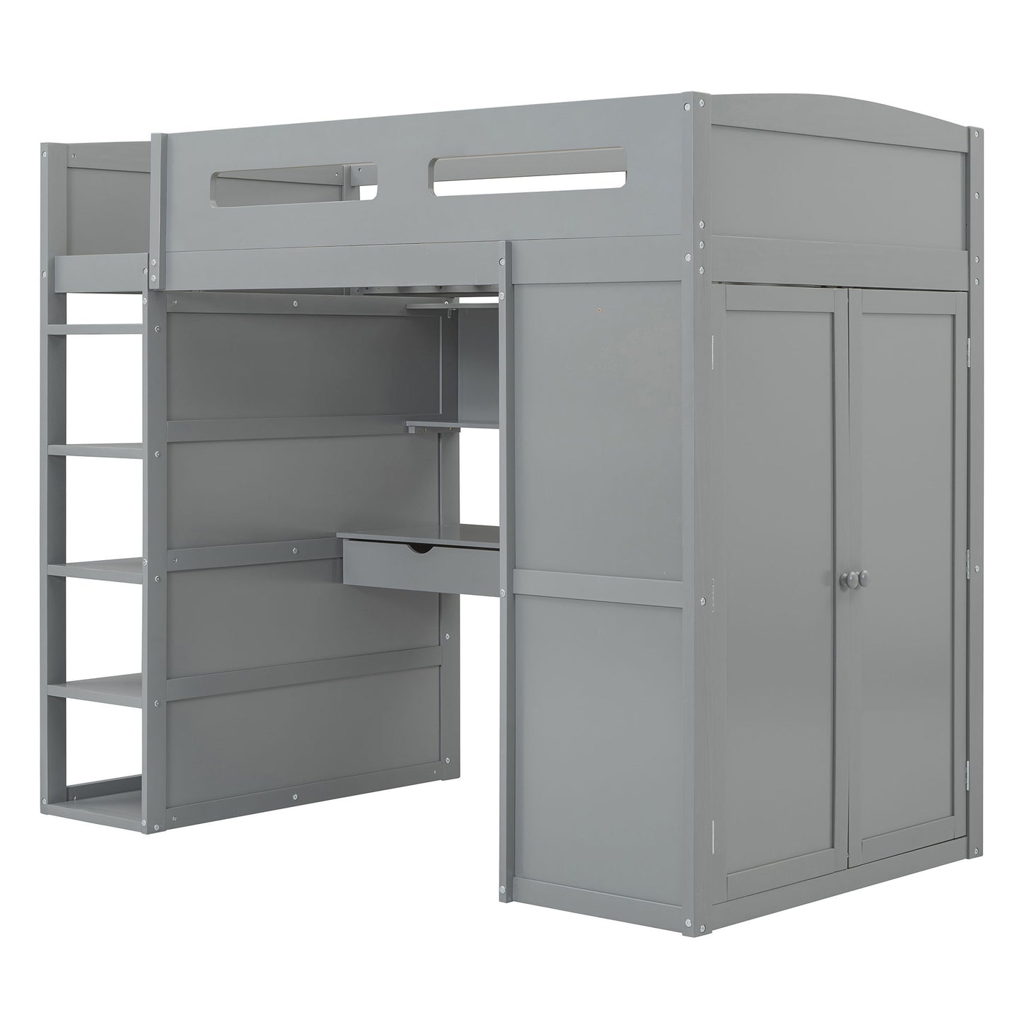 Twin Size Loft Bed With Desk, Wardrobes, 4 Drawers And 4 Shelves Construction - Gray