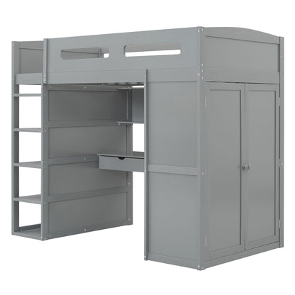Twin Size Loft Bed With Desk, Wardrobes, 4 Drawers And 4 Shelves Construction - Gray