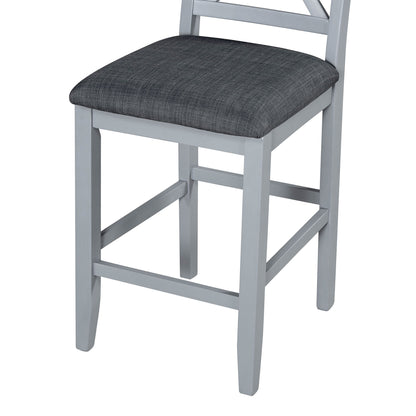 Solid Wood Farmhouse Counter Height Dining Table Set With 3 Tier Storage Shelves, Upholstered Dining Chairs For 4, 5 Piece - Gray