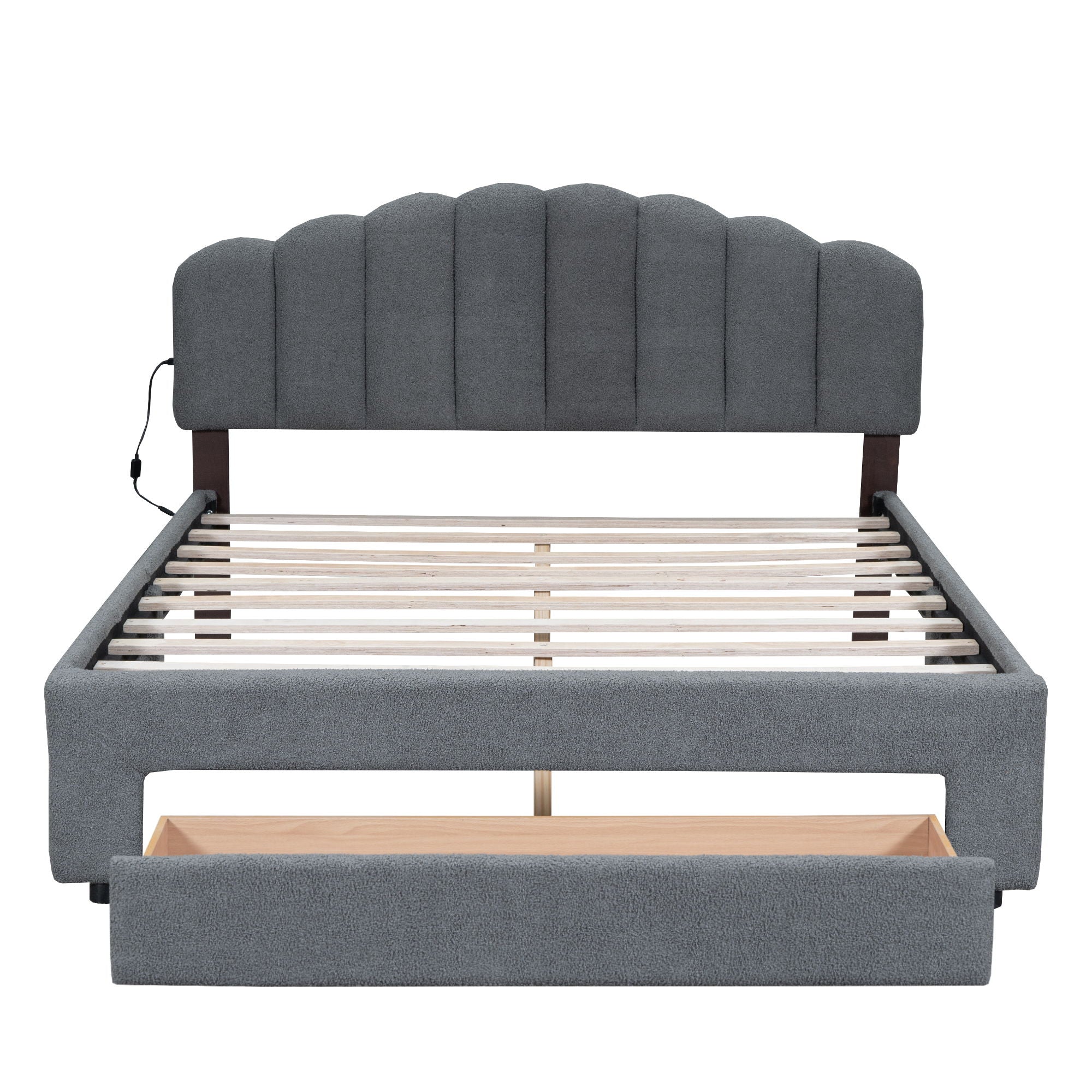 Queen Size Upholstered Platform Bed With Drawer - Gray