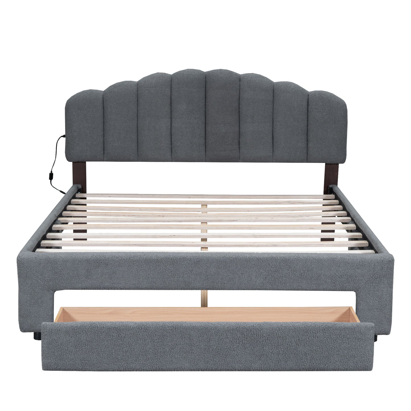 Queen Size Upholstered Platform Bed With Drawer - Gray