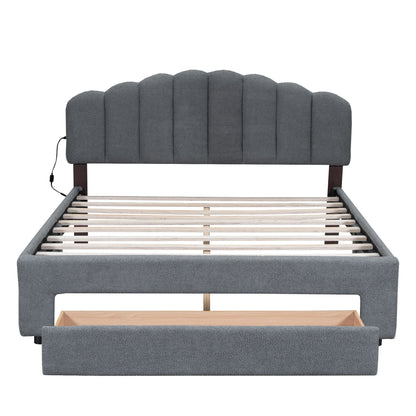Queen Size Upholstered Platform Bed With Drawer - Gray
