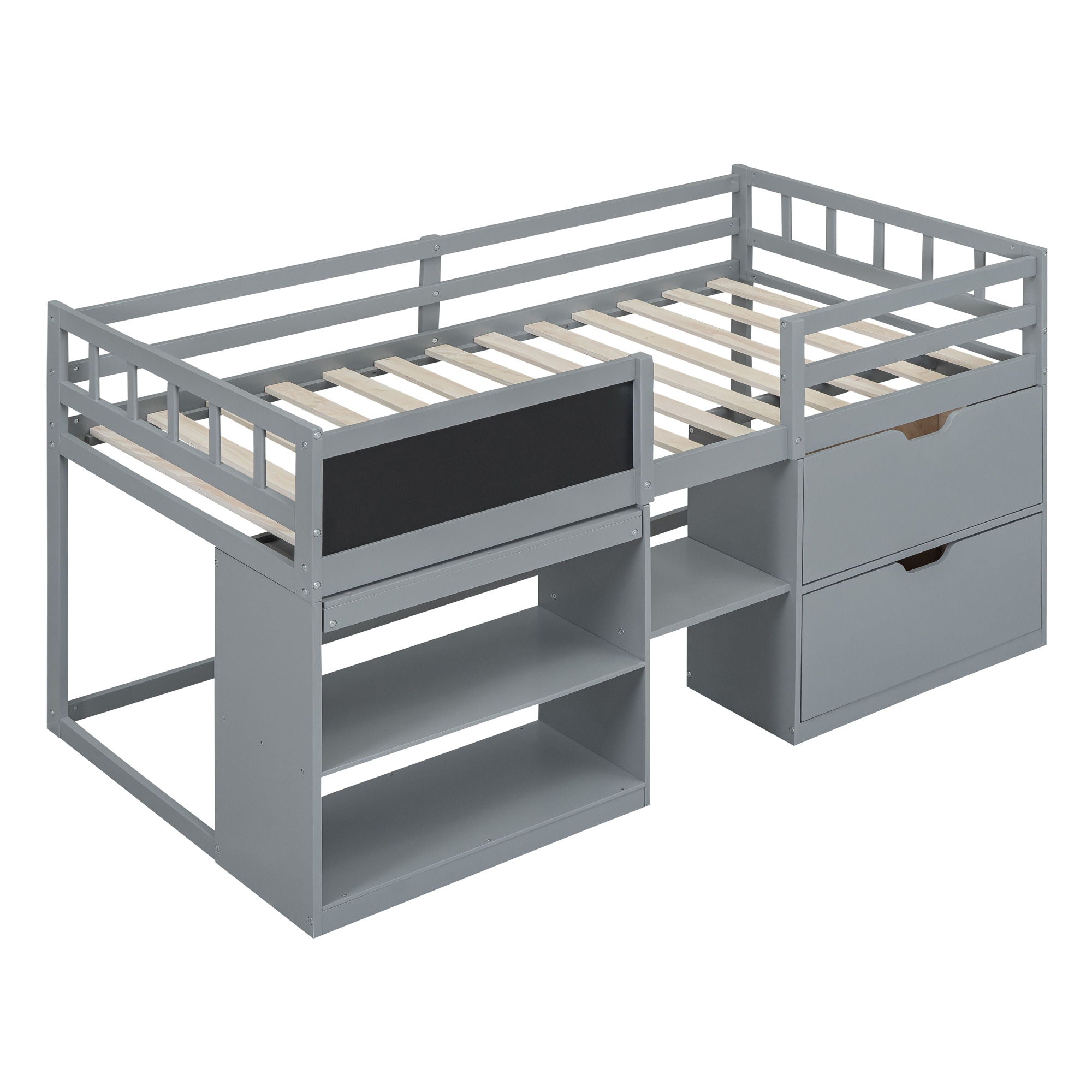 Twin Size Low Loft Bed With Rolling Desk, Shelf And Drawers - Gray