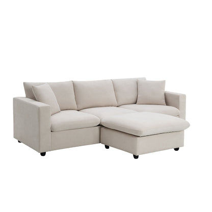 Modern Sectional Sofa With Throw Pillows, Cloud L Shaped Couch Set With Wide 4 Seat Comfy Couch Set With Movable Ottoman - Beige