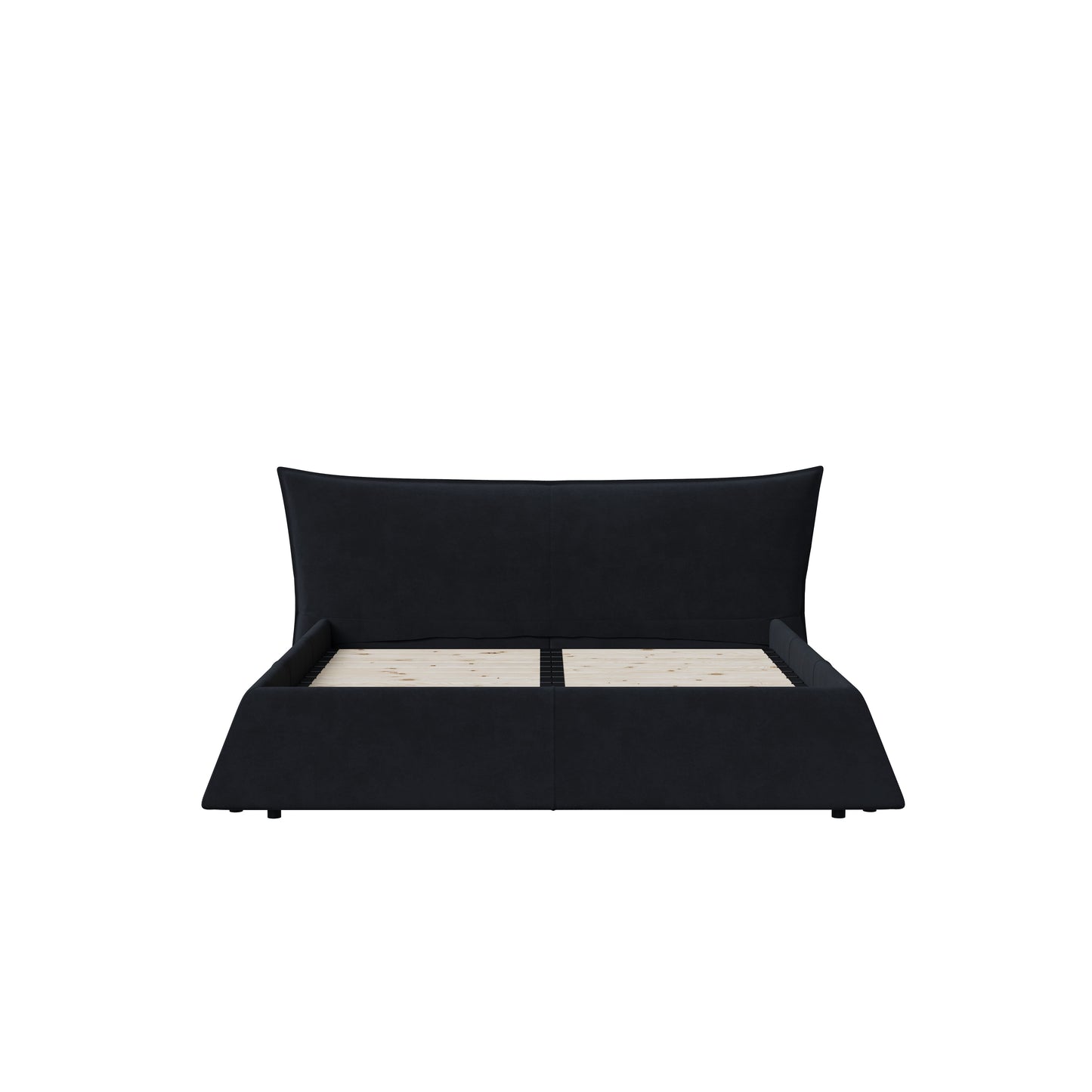 King Size Upholstered Platform Bed With Special Shaped Velvet Headboard, Metal & Solid Wood Frame - Black