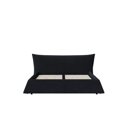 King Size Upholstered Platform Bed With Special Shaped Velvet Headboard, Metal & Solid Wood Frame - Black