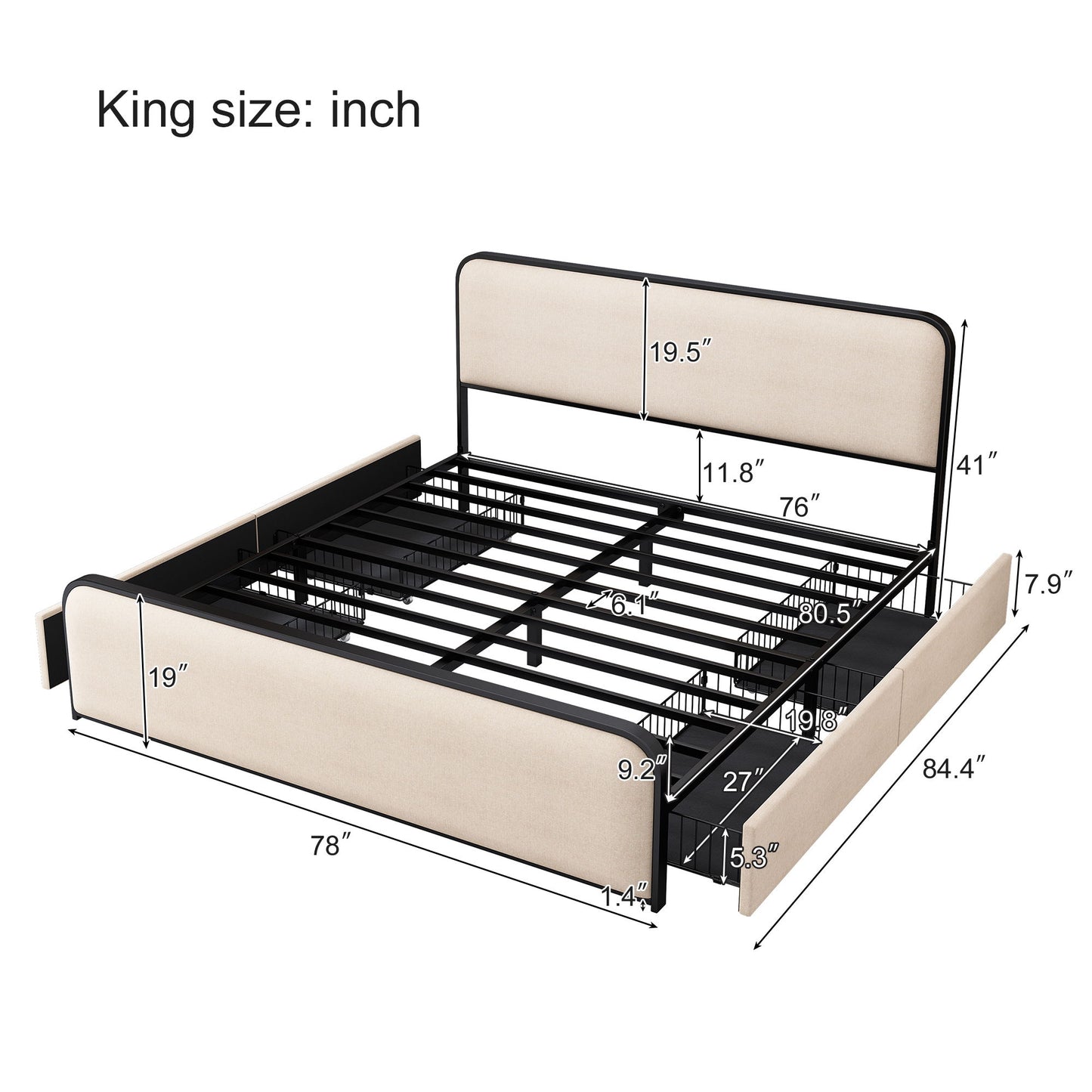 Modern Metal Bed Frame With Curved Upholstered Headboard And Footboard Bed With 4 Storage Drawers, Heavy Duty Metal Slats, King Size - Beige