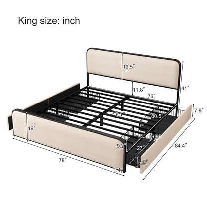 Modern Metal Bed Frame With Curved Upholstered Headboard And Footboard Bed With 4 Storage Drawers, Heavy Duty Metal Slats, King Size - Beige