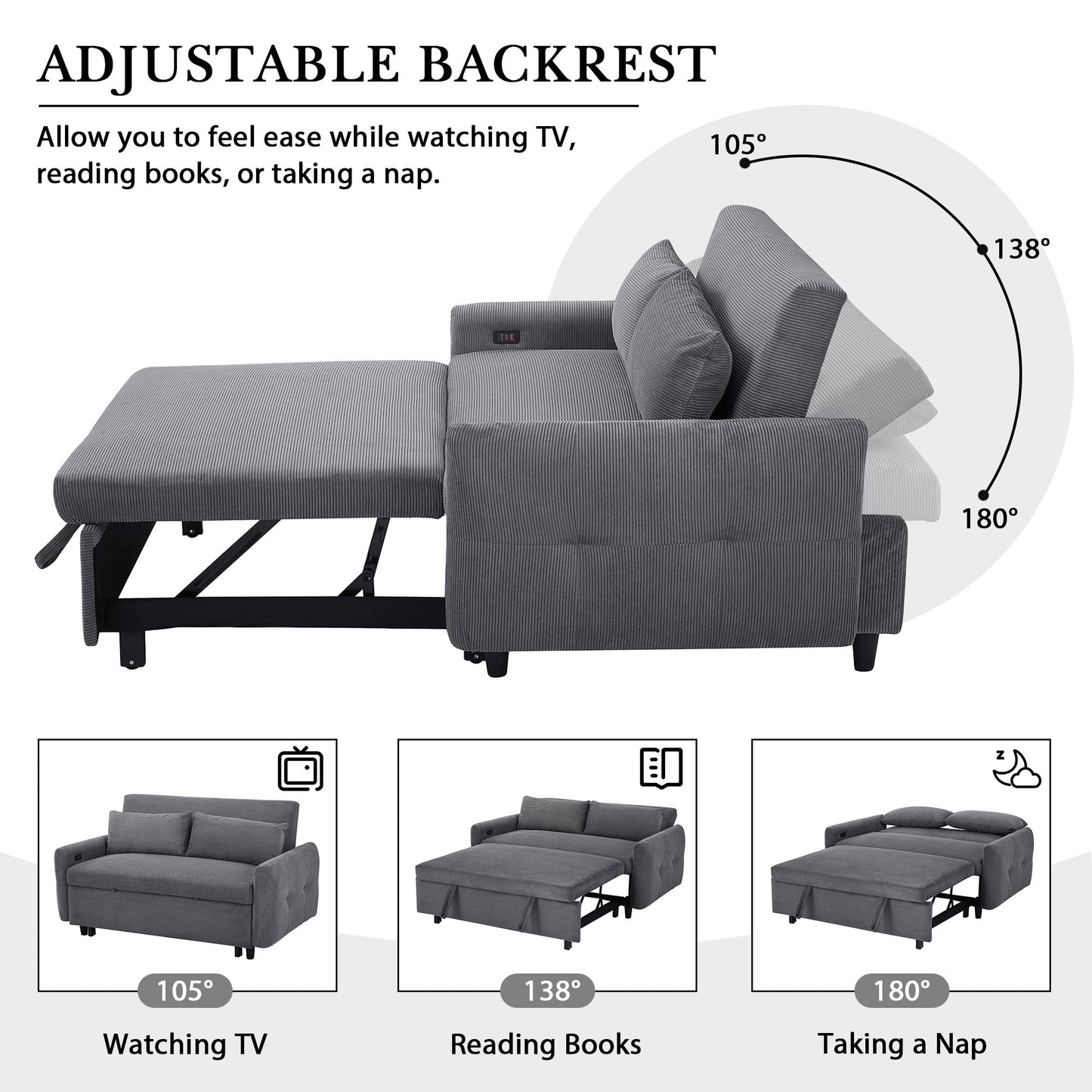 Pull Out Sofa Bed Convertible Couch 2 Seat Loveseat Sofa Modern Sleeper Sofa With 2 Throw Pillows And USB Ports For Living Room - Dark Gray
