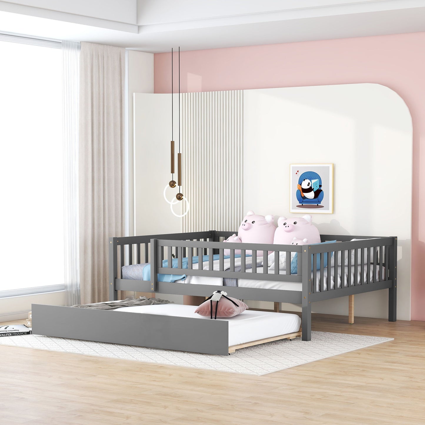 Full Size Daybed With Trundle And Fence Guardrails - Gray