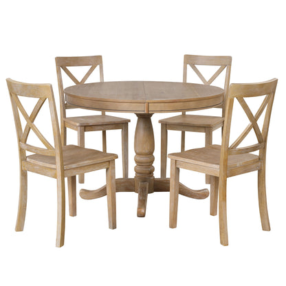 Modern Dining Table Set For 4, Round Table And 4 Kitchen Room Chairs, 5 Piece Kitchen Table Set For Dining Room, Dinette, Breakfast Nook - Natural Wood Wash