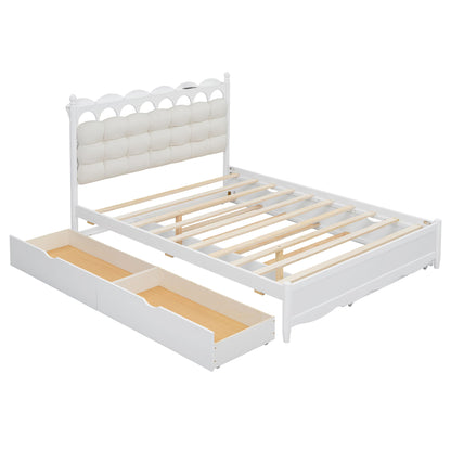 Queen Size Storage Platform Bed, With 2 Big Drawers, Twin Long Size Trundle, One Set Of Sockets & USB Ports - White