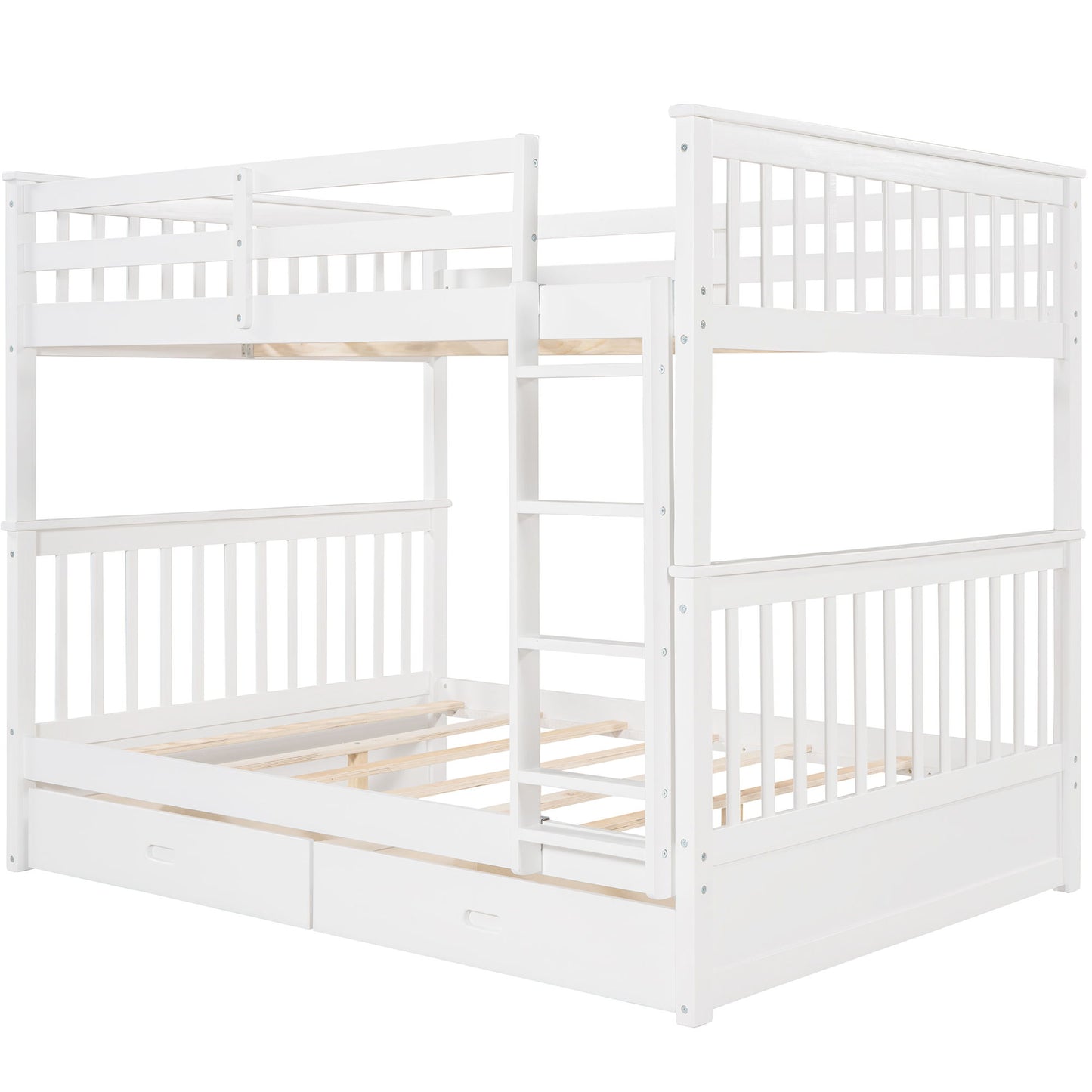 Full Over Full Bunk Bed With Ladders And 2 Storage Drawers - White