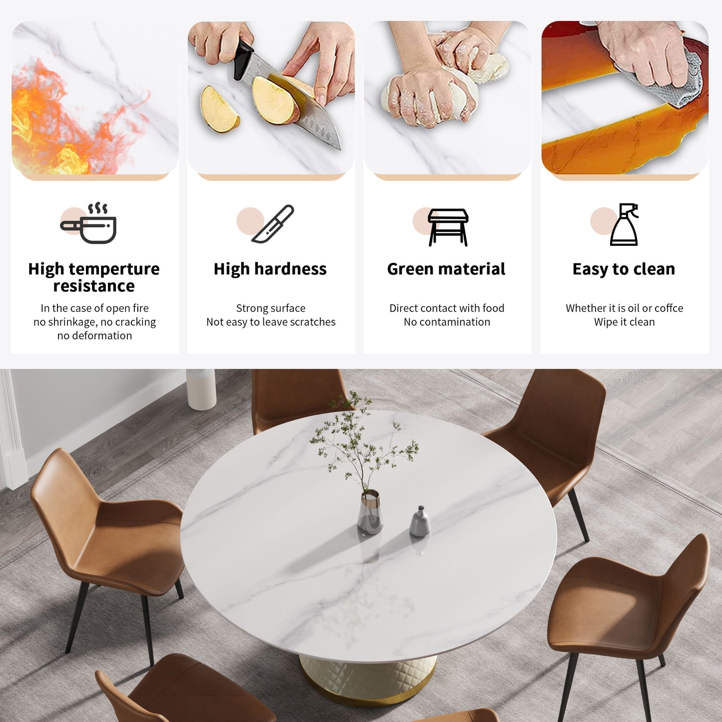 59.05" Modern Artificial Stone Round Carbon Steel Base Dining Table, Can Accommodate 6 People - White