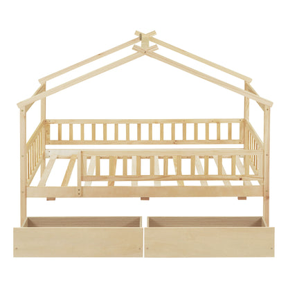 Twin Size House Bed With 2 Drawers - Natural