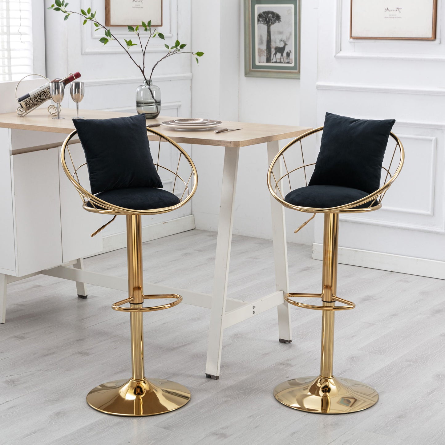 Velvet Bar Chair, Pure Gold Plated, Unique Design, 360 Degree Rotation, Adjustable Height, Suitable For Dining Room And Bar, (Set of 2) - Black
