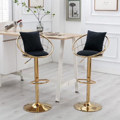 Velvet Bar Chair, Pure Gold Plated, Unique Design, 360 Degree Rotation, Adjustable Height, Suitable For Dining Room And Bar, (Set of 2) - Black