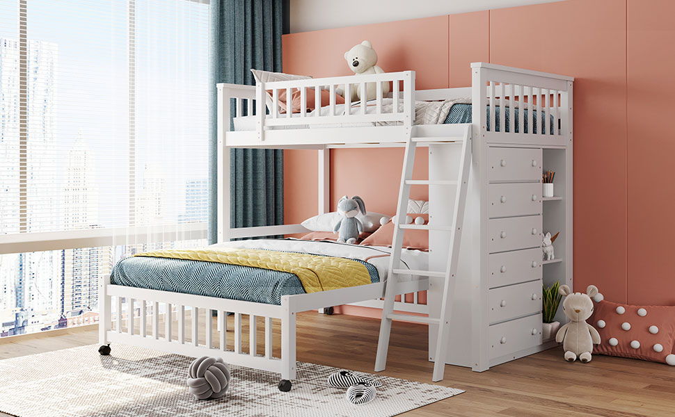 Twin Over Full Bunk Bed With 6 Drawers And Flexible Shelves, Bottom Bed With Wheels - White