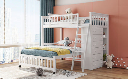 Twin Over Full Bunk Bed With 6 Drawers And Flexible Shelves, Bottom Bed With Wheels - White