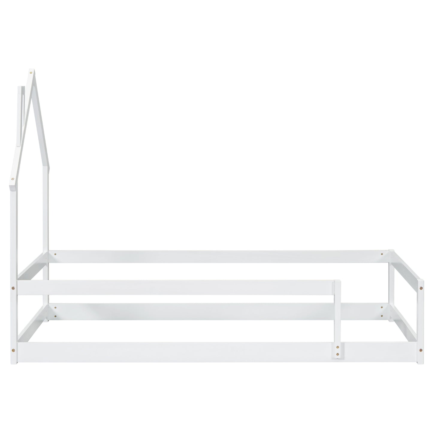 Twin Size Wood Bed With House-Shaped Headboard Floor Bed With Fences - White