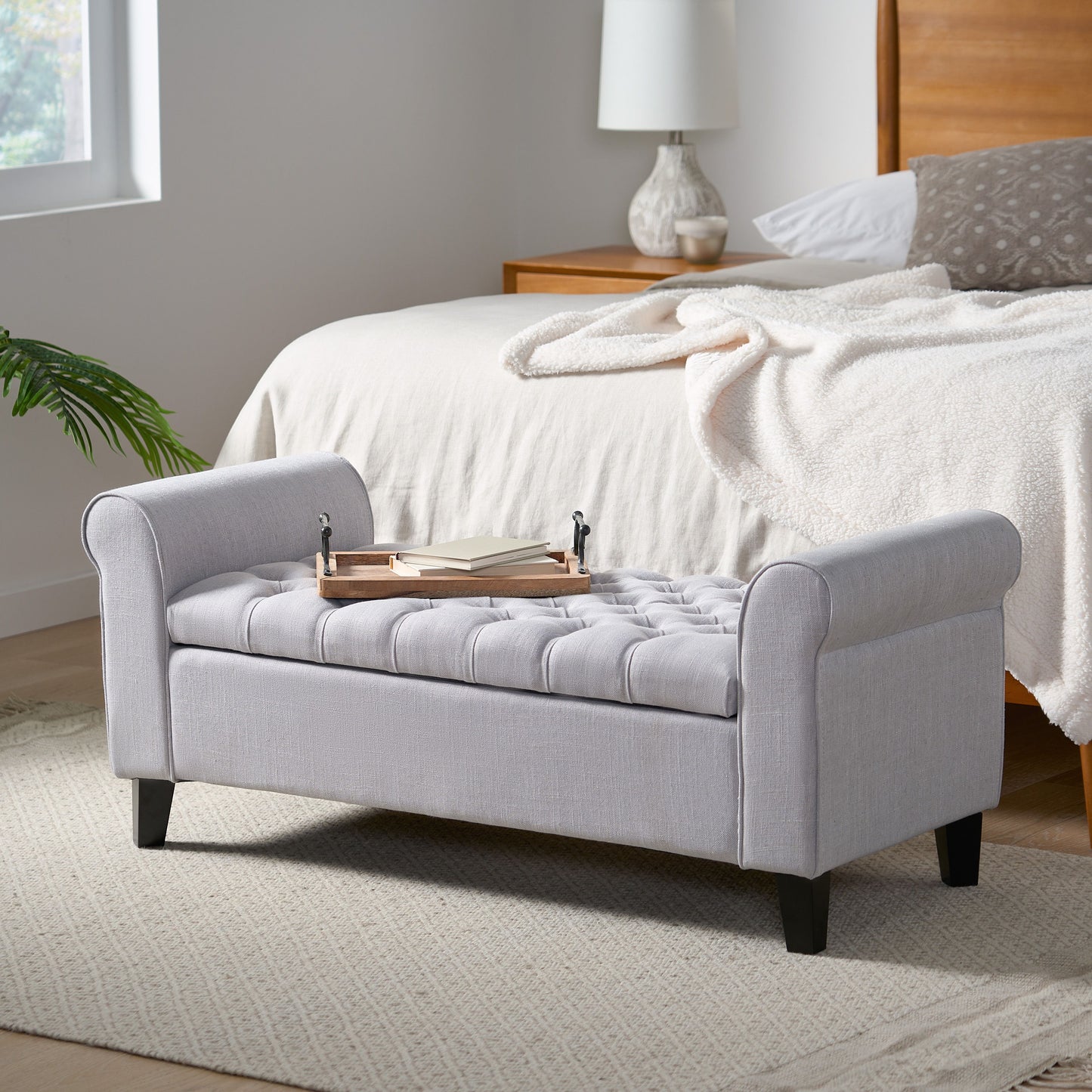 Hayes - Contemporary Armed Storage Bench With Button Tufting And Rolled Arms - Light Gray