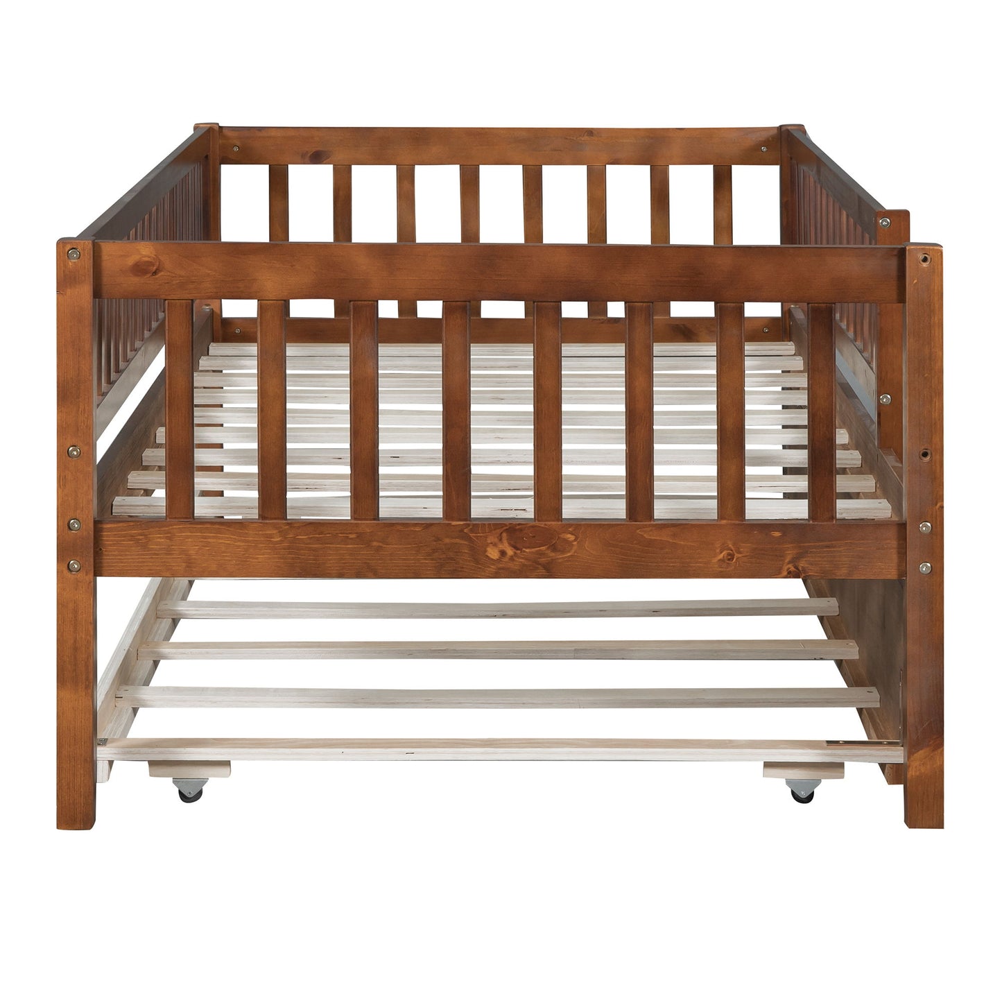 Twin Size Daybed With Trundle And Fence Guardrails - Walnut