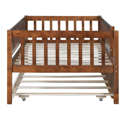 Twin Size Daybed With Trundle And Fence Guardrails - Walnut
