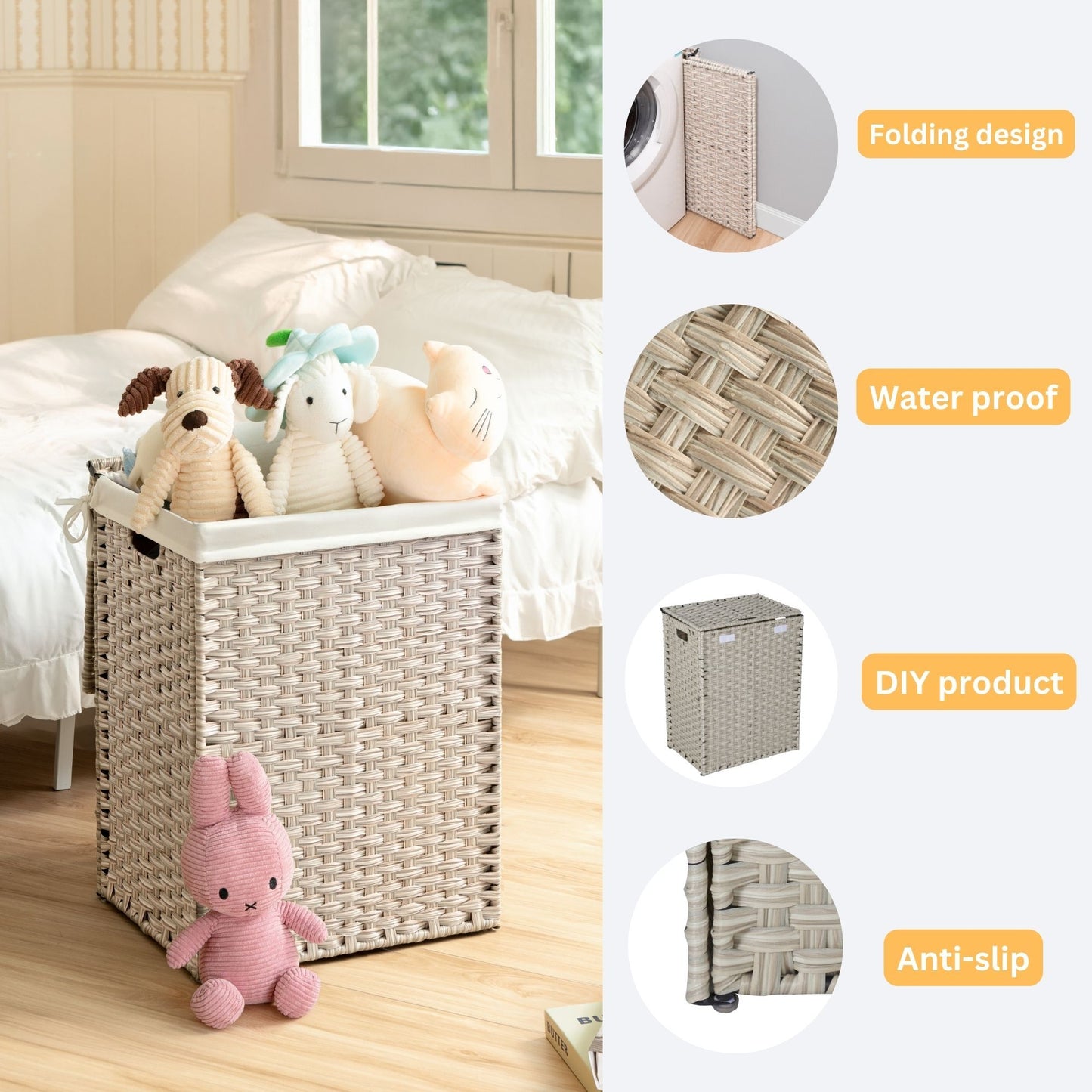 Laundry Hamper With Lid PE Rattan Powder Coating Frame Clothes Hampers With 2 Removable Bags, 100L - Gray