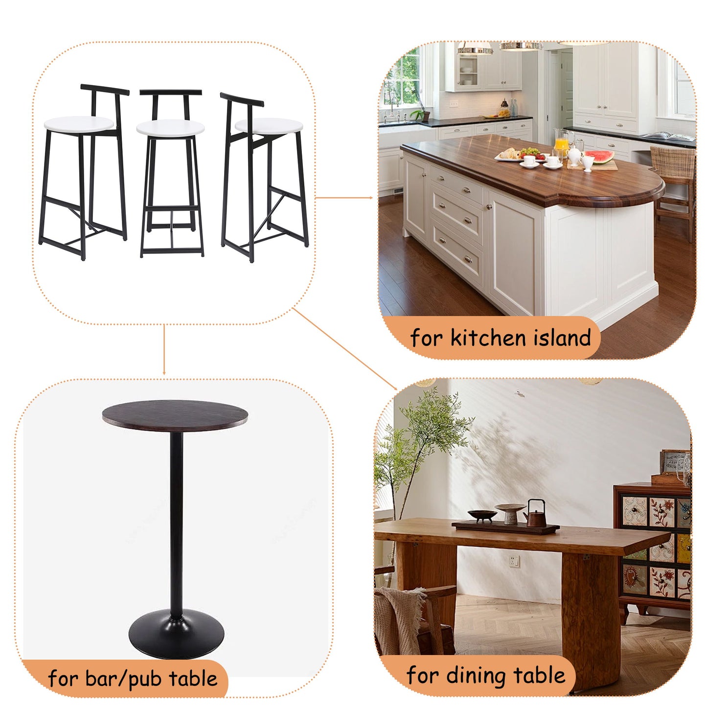 Modern Bar Stools With Backrest For Kitchen Island Or Pub Room, Metal Frame (Set of 3) - Black / White