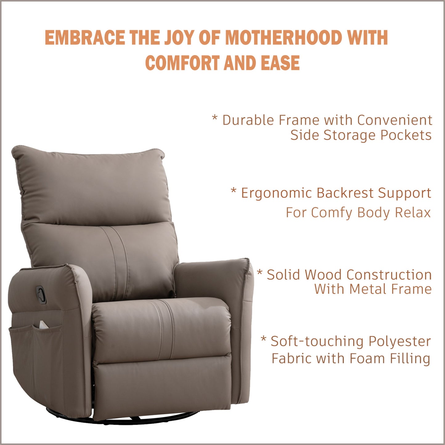 Rocking Recliner Chair, 360 Degree Swivel Nursery Rocking Chair, Glider Chair, Modern Small Rocking Swivel Recliner Chair For Bedroom, Living Room Chair Home Theater Seat, Side Pocket - Brown